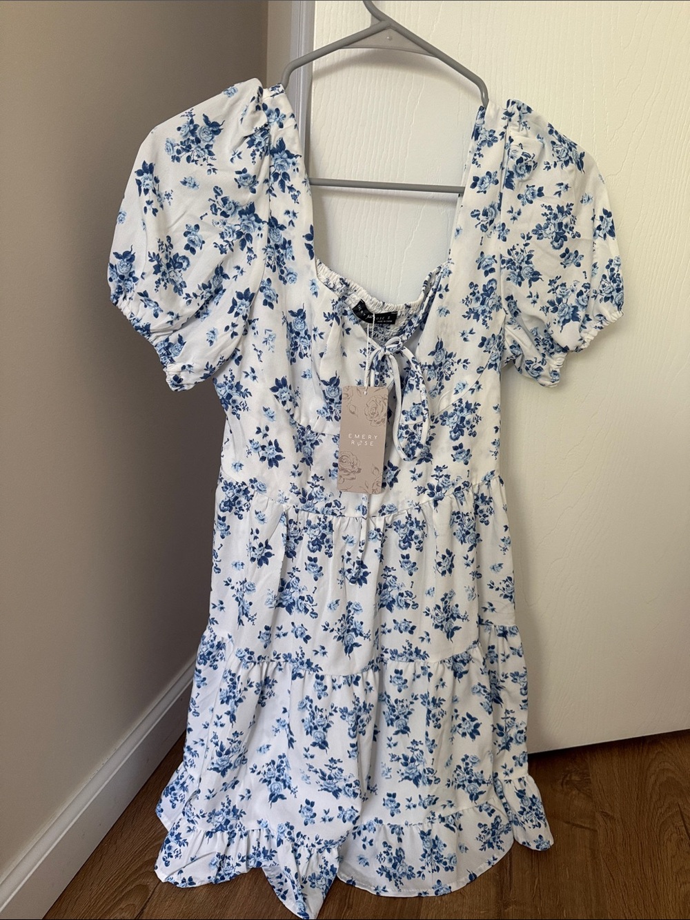Emery Rose White Dress with Blue Floral Print